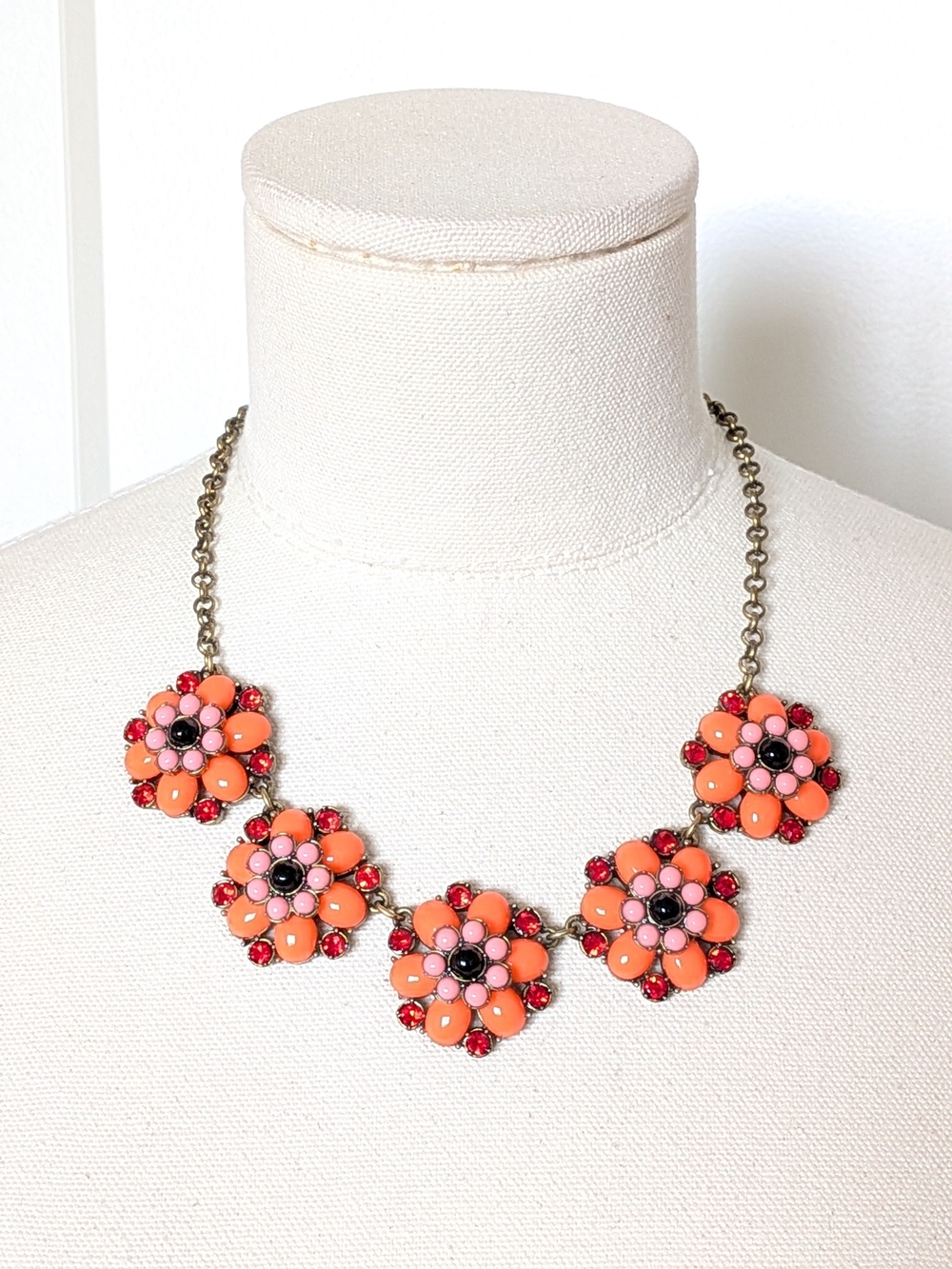 J. Crew  3D Flower Statement Necklace Orange Pink Bronze Tone